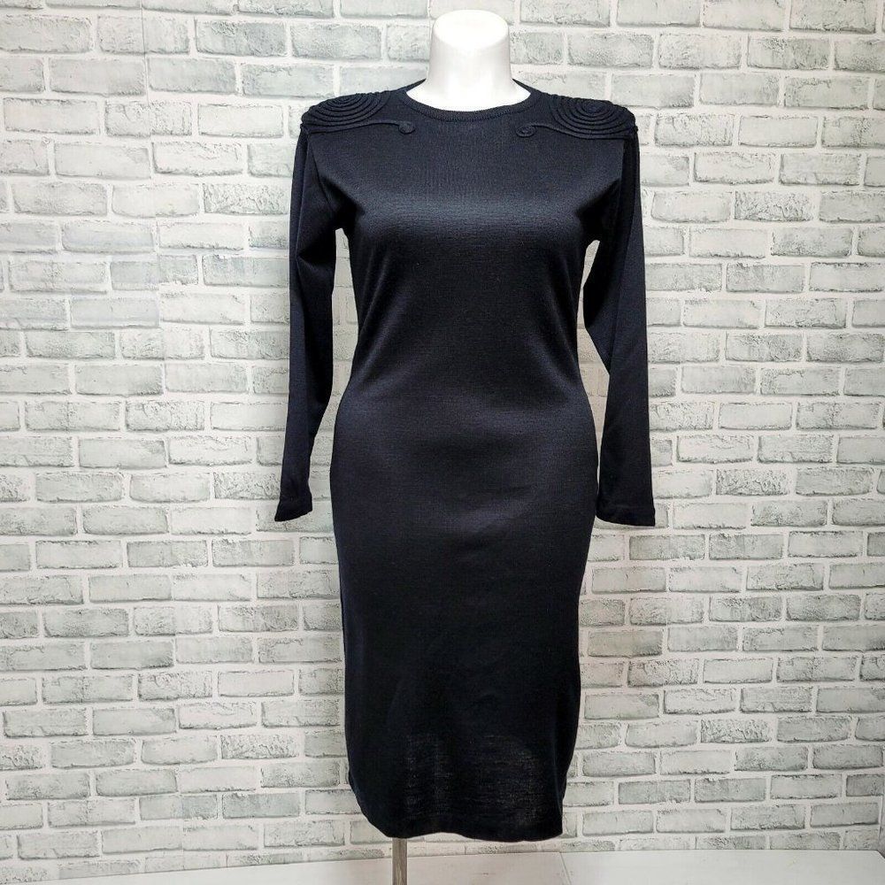Vintage 80s Bloomingdales Now‎ Black Knit Long Sleeve 3D Swirl Shoulders Dress